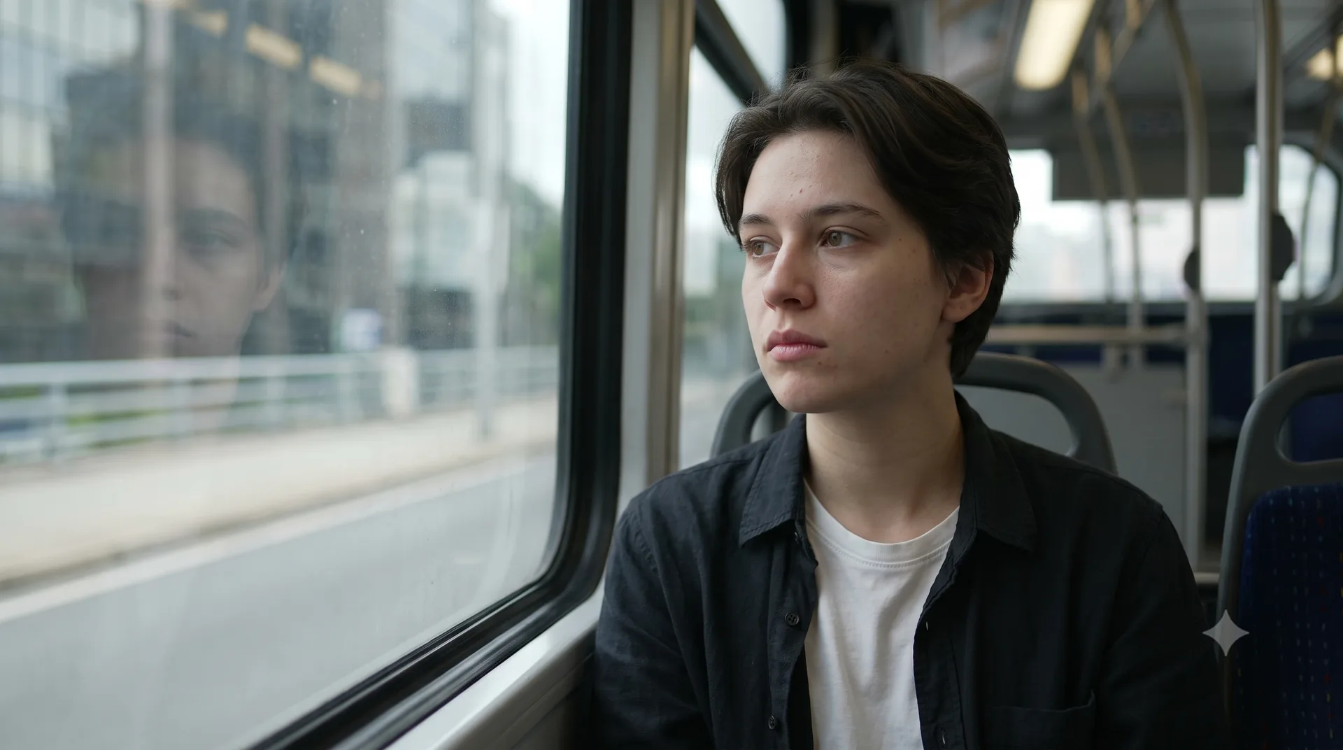 Persona joven mirando por la ventanilla de un transporte urbano
