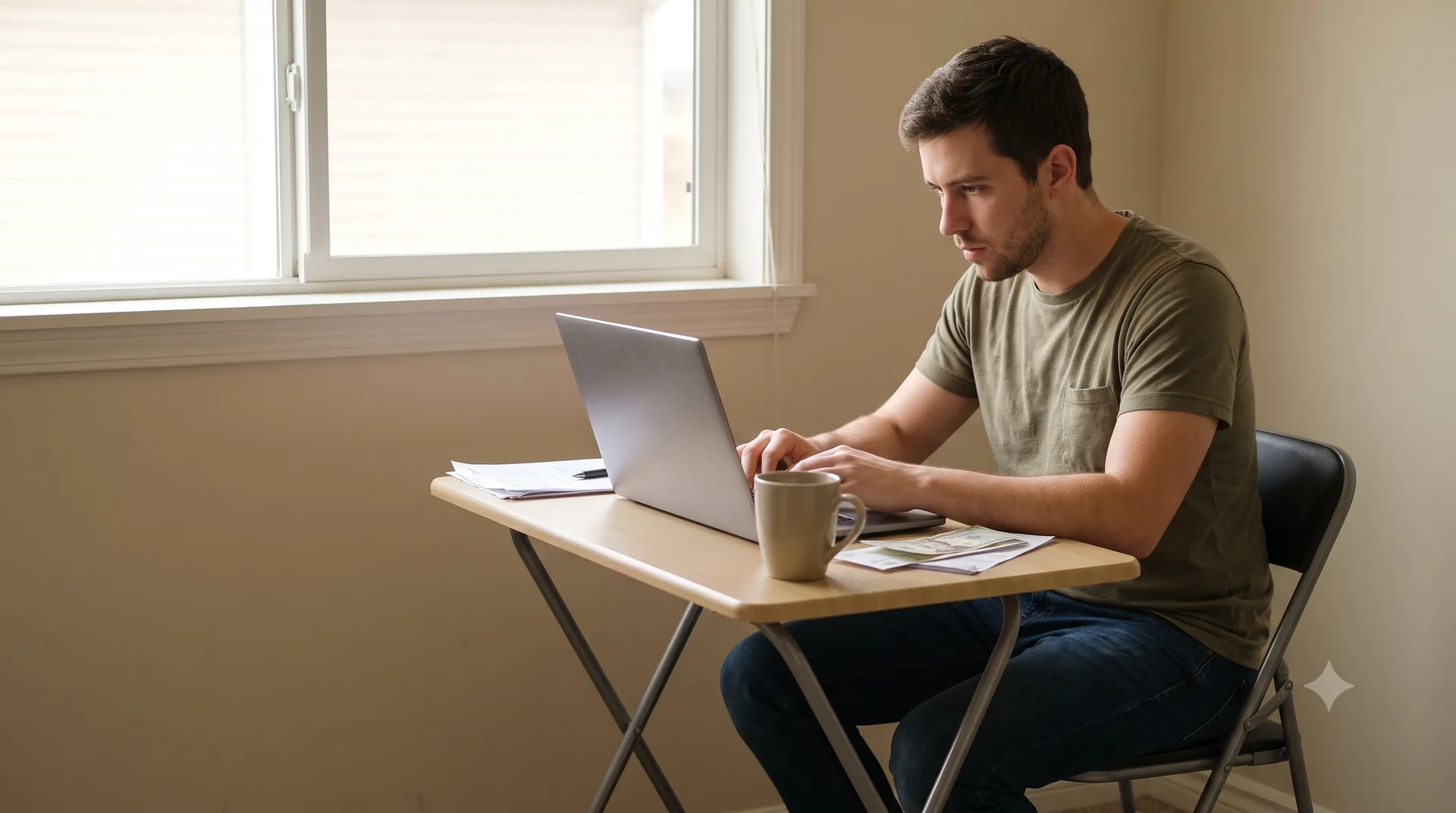 Persona joven trabajando desde casa en un escritorio pequeño