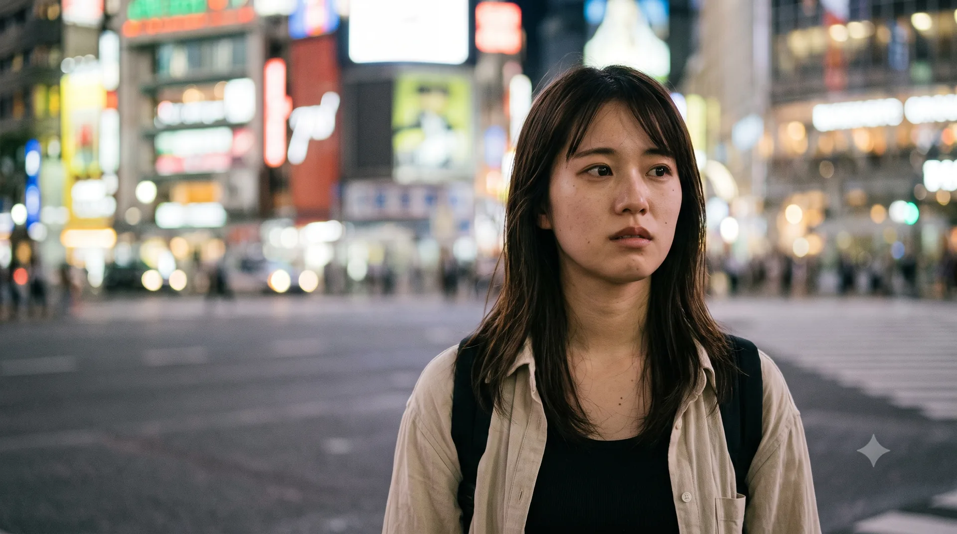 Persona joven sobrepasada entre las luces de la ciudad de noche